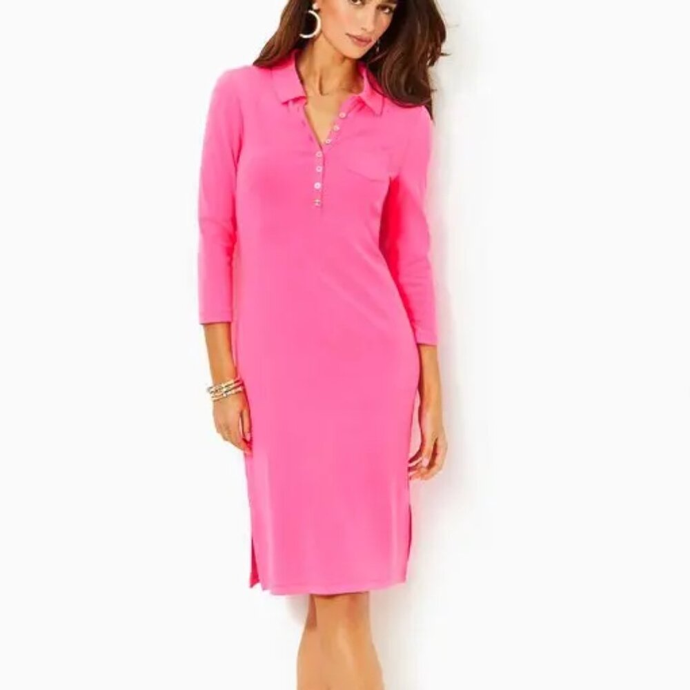 Lilly Pulitzer Reema 3/4 Sleeve Knee Length Polo Dress in Roxie Pink